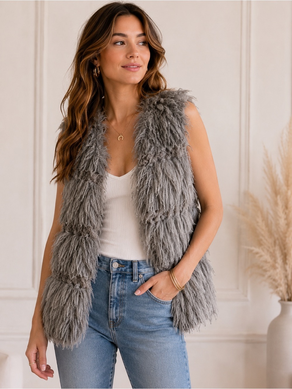 Dylan Clothing Penny Lane Medium M faux Fur Bohemian Shaggy Gray Vest Sleeveless